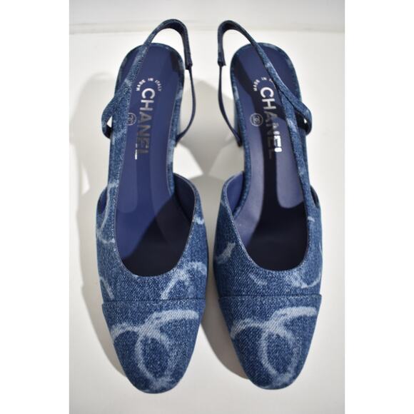 Chanel 23B Coco Sling Dark Blue Denim White CC Logo Slingback Block Heel 36 - Picture 7 of 12
